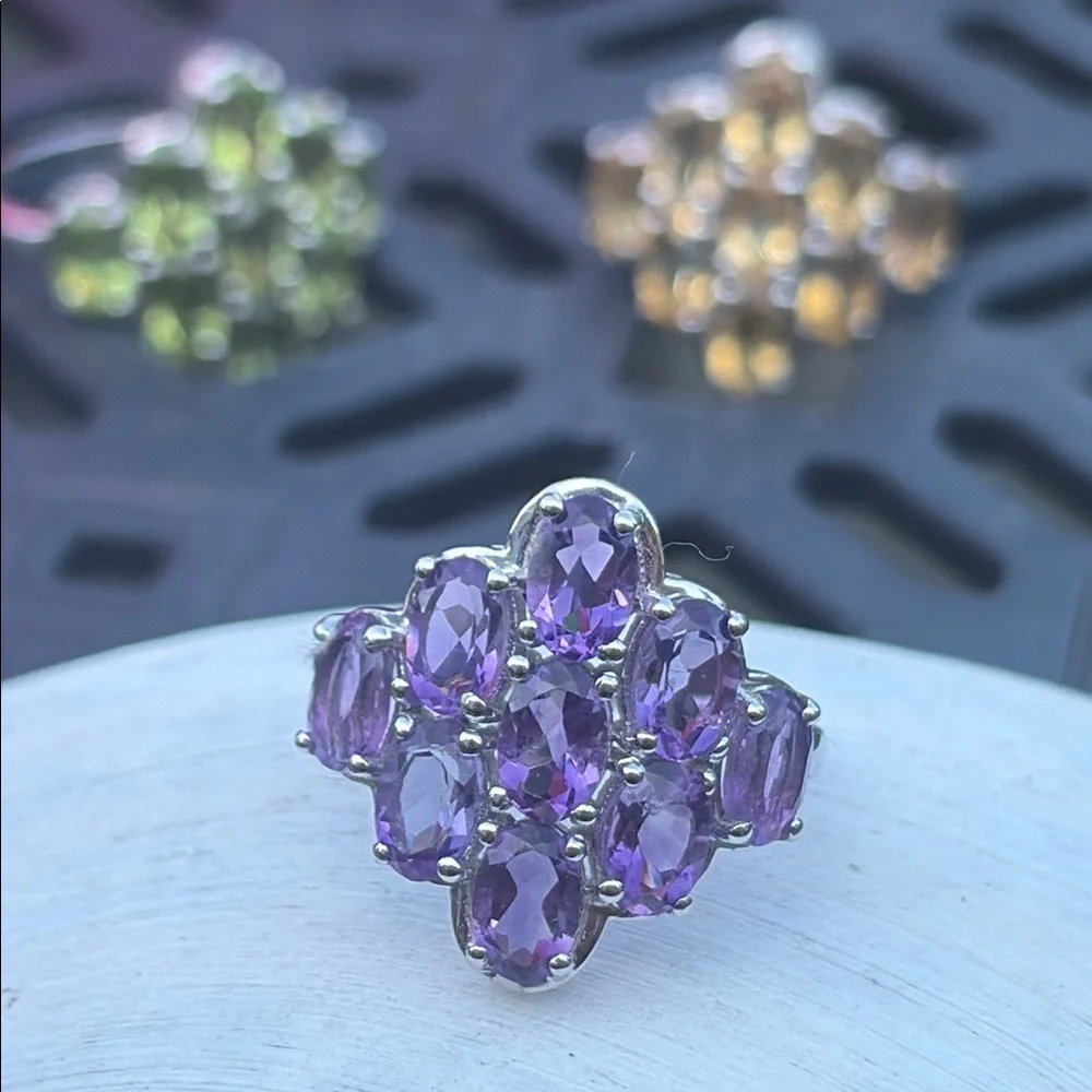 Natural 3.30 carat Genuine Amethyst Waterfall Design Cluster Ring Size 8